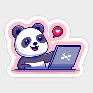 Cute Panda Working On Laptop Cartoon Sticker